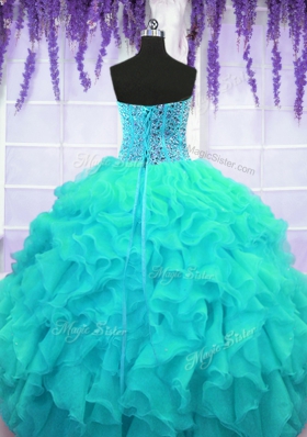 High Class Organza Sweetheart Sleeveless Lace Up Beading and Ruffles Vestidos de Quinceanera in Aqua Blue