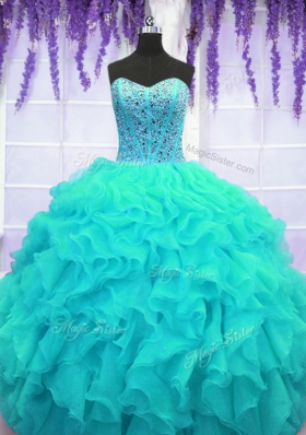 High Class Organza Sweetheart Sleeveless Lace Up Beading and Ruffles Vestidos de Quinceanera in Aqua Blue