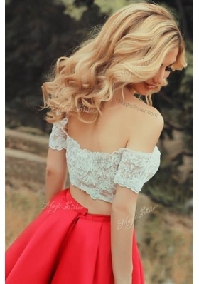 High End Red Prom Dress Prom and Party and For with Lace Off The Shoulder Short Sleeves Zipper
