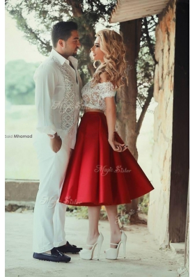 High End Red Prom Dress Prom and Party and For with Lace Off The Shoulder Short Sleeves Zipper