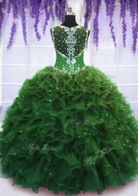 High Quality Straps Straps Floor Length Zipper Quinceanera Gowns Green and In for Military Ball and Sweet 16 and Quinceanera with Beading and Ruffles