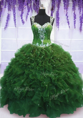 High Quality Straps Straps Floor Length Zipper Quinceanera Gowns Green and In for Military Ball and Sweet 16 and Quinceanera with Beading and Ruffles