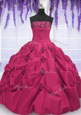 Hot Pink Strapless Neckline Embroidery and Pick Ups Quinceanera Dresses Sleeveless Lace Up