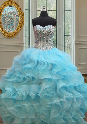 Hot Selling Sweetheart Sleeveless Lace Up Quince Ball Gowns Baby Blue Organza