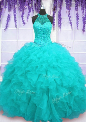 Inexpensive Floor Length Aqua Blue Quinceanera Dress Organza Sleeveless Beading and Ruffles