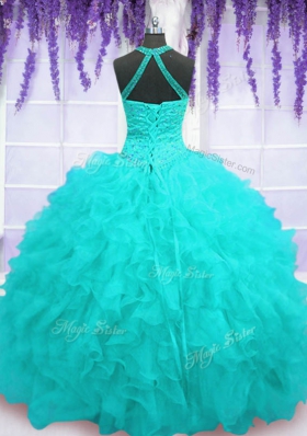 Inexpensive Floor Length Aqua Blue Quinceanera Dress Organza Sleeveless Beading and Ruffles