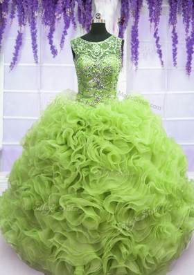 Inexpensive Scoop Sleeveless Organza Quinceanera Gown Beading and Ruffles Lace Up