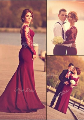 Long Sleeves Elastic Woven Satin With Train Court Train Zipper Prom Dresses in Burgundy for with Lace and Appliques