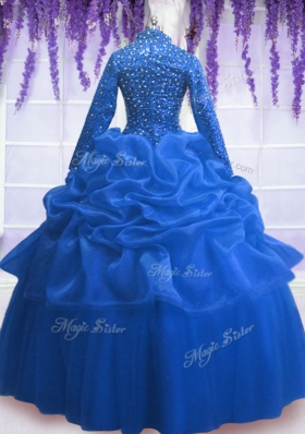 Long Sleeves Floor Length Zipper Quinceanera Dress Blue and In for Military Ball and Sweet 16 and Quinceanera with Sequins and Pick Ups