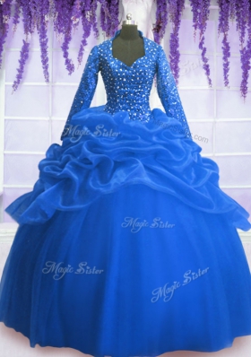 Long Sleeves Floor Length Zipper Quinceanera Dress Blue and In for Military Ball and Sweet 16 and Quinceanera with Sequins and Pick Ups