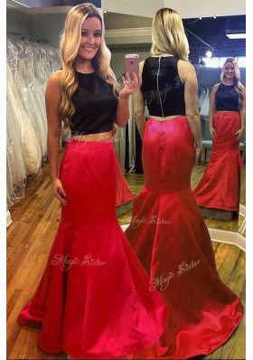 Mermaid Floor Length Red And Black Dress for Prom Scoop Sleeveless Zipper