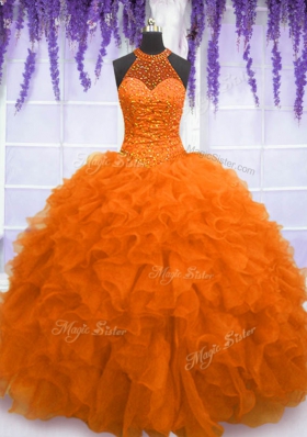 Modest Orange Red Lace Up High-neck Beading and Ruffles 15 Quinceanera Dress Organza Sleeveless