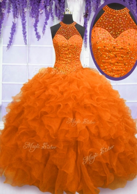 Modest Orange Red Lace Up High-neck Beading and Ruffles 15 Quinceanera Dress Organza Sleeveless