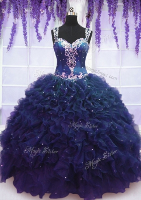 Navy Blue Straps Zipper Beading and Ruffles 15 Quinceanera Dress Sleeveless