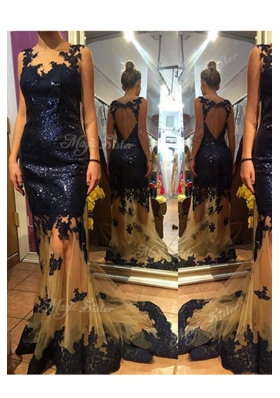 New Style Scalloped Sleeveless Prom Homecoming Dress With Brush Train Sequins Navy Blue Organza and Sequined