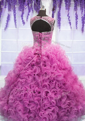 Scoop Sleeveless Floor Length Beading and Ruffles Lace Up Quinceanera Gowns with Lilac