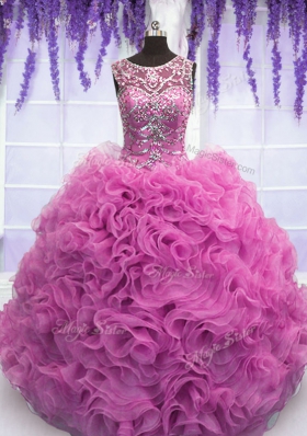 Scoop Sleeveless Floor Length Beading and Ruffles Lace Up Quinceanera Gowns with Lilac