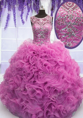 Scoop Sleeveless Floor Length Beading and Ruffles Lace Up Quinceanera Gowns with Lilac