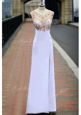 Scoop White Sleeveless Chiffon Backless Dress for Prom for Prom and Party