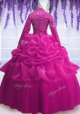 Sequins Pick Ups Floor Length Fuchsia Ball Gown Prom Dress V-neck Long Sleeves Zipper