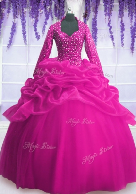 Sequins Pick Ups Floor Length Fuchsia Ball Gown Prom Dress V-neck Long Sleeves Zipper