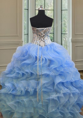 Sleeveless Organza Floor Length Lace Up Sweet 16 Dress in Blue for with Beading and Ruffles