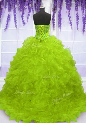 Sleeveless With Train Beading and Appliques and Ruffles Lace Up Sweet 16 Dress with Yellow Green Brush Train