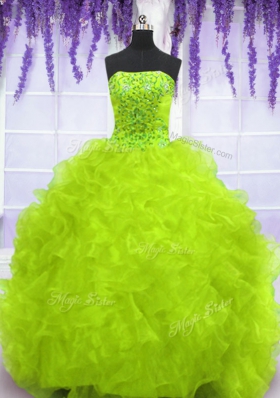 Sleeveless With Train Beading and Appliques and Ruffles Lace Up Sweet 16 Dress with Yellow Green Brush Train