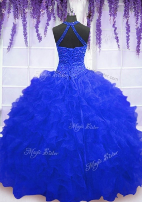 Smart Royal Blue Lace Up 15th Birthday Dress Beading and Ruffles and Sequins Sleeveless Floor Length