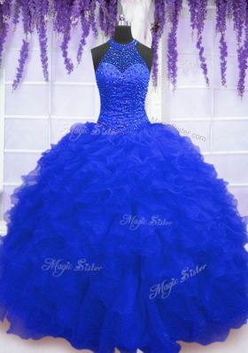 Smart Royal Blue Lace Up 15th Birthday Dress Beading and Ruffles and Sequins Sleeveless Floor Length