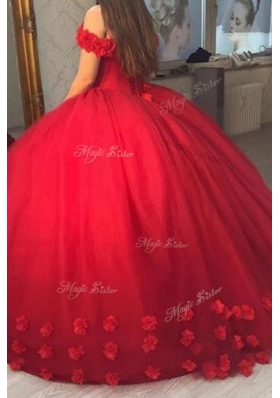 Sophisticated Off the Shoulder Short Sleeves Tulle Lace Up Evening Dress in Red for with Hand Made Flower