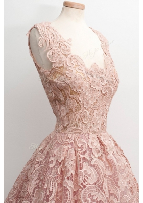 Stylish Scoop Peach A-line Lace Prom Gown Zipper Lace Sleeveless Knee Length