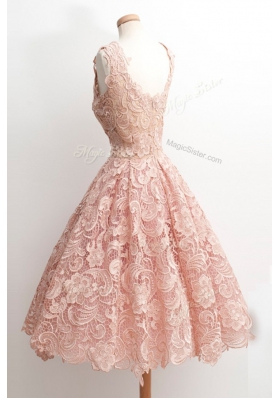 Stylish Scoop Peach A-line Lace Prom Gown Zipper Lace Sleeveless Knee Length