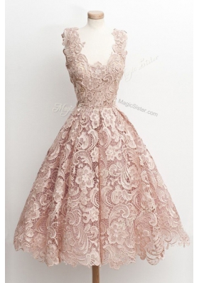 Stylish Scoop Peach A-line Lace Prom Gown Zipper Lace Sleeveless Knee Length