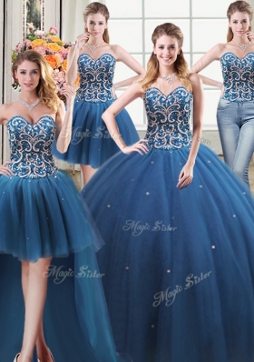 Suitable Four Piece Teal Sleeveless Tulle Lace Up Quinceanera Gown for Military Ball and Sweet 16 and Quinceanera