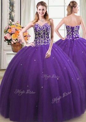 Superior Four Piece Purple Tulle Lace Up Sweet 16 Quinceanera Dress Sleeveless Floor Length Beading