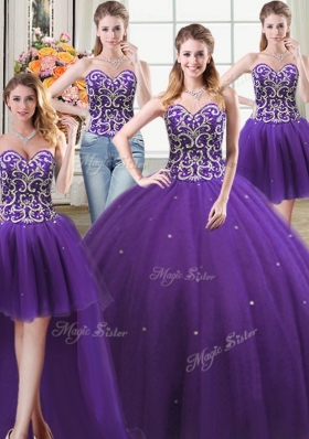 Superior Four Piece Purple Tulle Lace Up Sweet 16 Quinceanera Dress Sleeveless Floor Length Beading