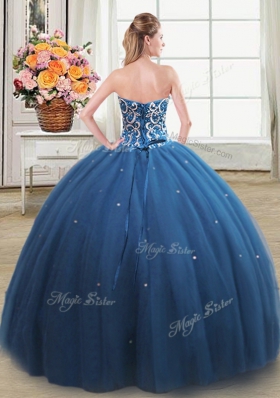 Teal Sweetheart Neckline Beading Ball Gown Prom Dress Sleeveless Lace Up