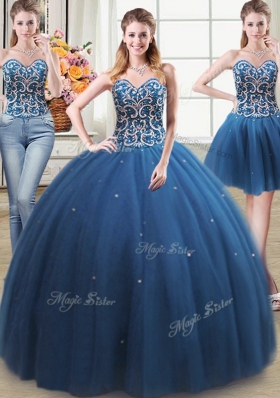 Three Piece Teal Lace Up Sweetheart Beading Sweet 16 Dresses Tulle Sleeveless