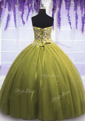 Trendy Beading and Appliques Quinceanera Gowns Olive Green Lace Up Sleeveless Floor Length