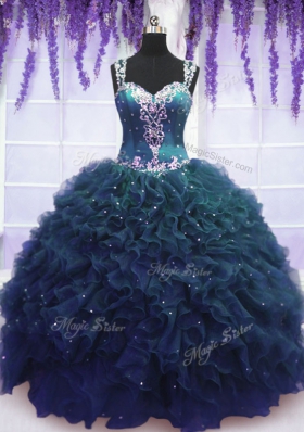 Tulle Straps Sleeveless Zipper Beading and Ruffles Quinceanera Gowns in Navy Blue