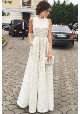 White Zipper Scoop Pleated Prom Evening Gown Lace Sleeveless