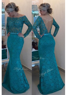 Adorable Mermaid Lace Turquoise Off The Shoulder Side Zipper Beading Prom Evening Gown Long Sleeves