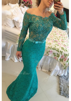 Adorable Mermaid Lace Turquoise Off The Shoulder Side Zipper Beading Prom Evening Gown Long Sleeves