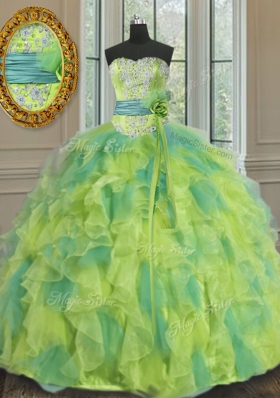 Best Sweetheart Sleeveless Quinceanera Dresses Floor Length Beading and Appliques and Ruffles and Sashes|ribbons and Hand Made Flower Multi-color Organza