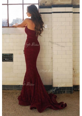 Burgundy Mermaid Lace Sweetheart Sleeveless Lace Lace Up Sweep Train