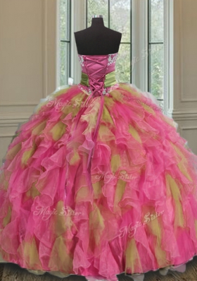 Cheap Sleeveless Organza Floor Length Lace Up Quinceanera Gown in Multi-color for with Beading and Ruffles and Sequins