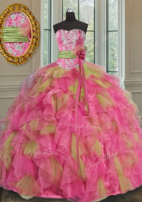 Cheap Sleeveless Organza Floor Length Lace Up Quinceanera Gown in Multi-color for with Beading and Ruffles and Sequins