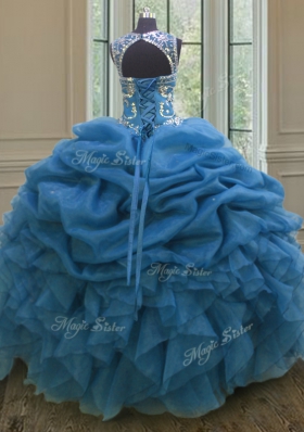 Classical Blue Scoop Neckline Beading and Ruffles and Pick Ups Quinceanera Dresses Sleeveless Lace Up