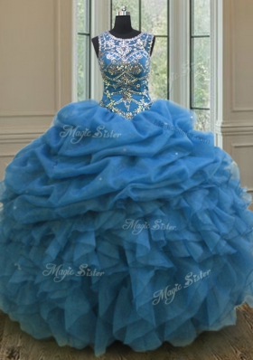 Classical Blue Scoop Neckline Beading and Ruffles and Pick Ups Quinceanera Dresses Sleeveless Lace Up